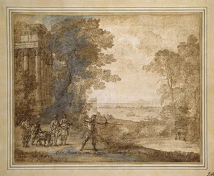 Landskap med Askanius som skjuter Sylvias hjort, 1680-82 (Svagt svart krita med penna och brunt bläck, brun tvätt och vit bodycolour)